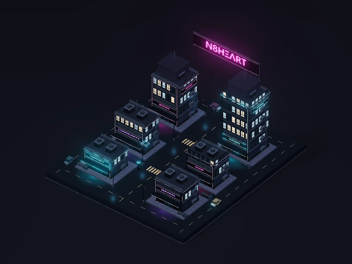 The illuminated N8 website district, with neon signs and futuristic buildings